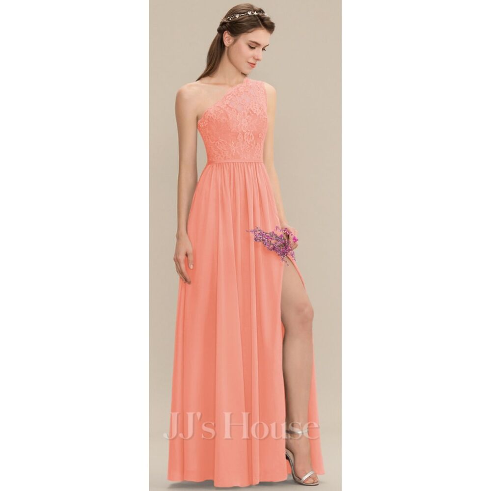 JJs House Peach One-Shoulder Lace Gown
